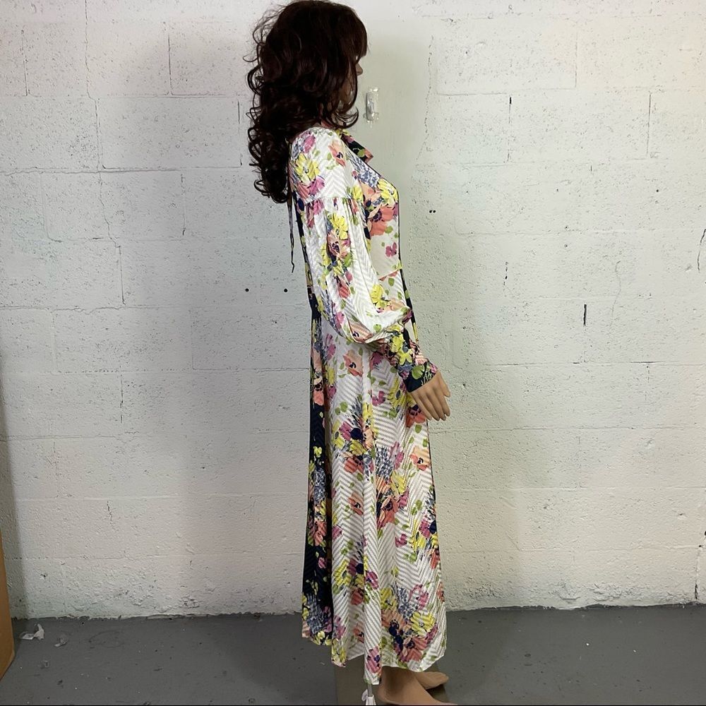 Jill Stuart Paola Mixed Floral Print Tie Neck Long Sleeve Silk Midi Dress 4 - Picture 6 of 10